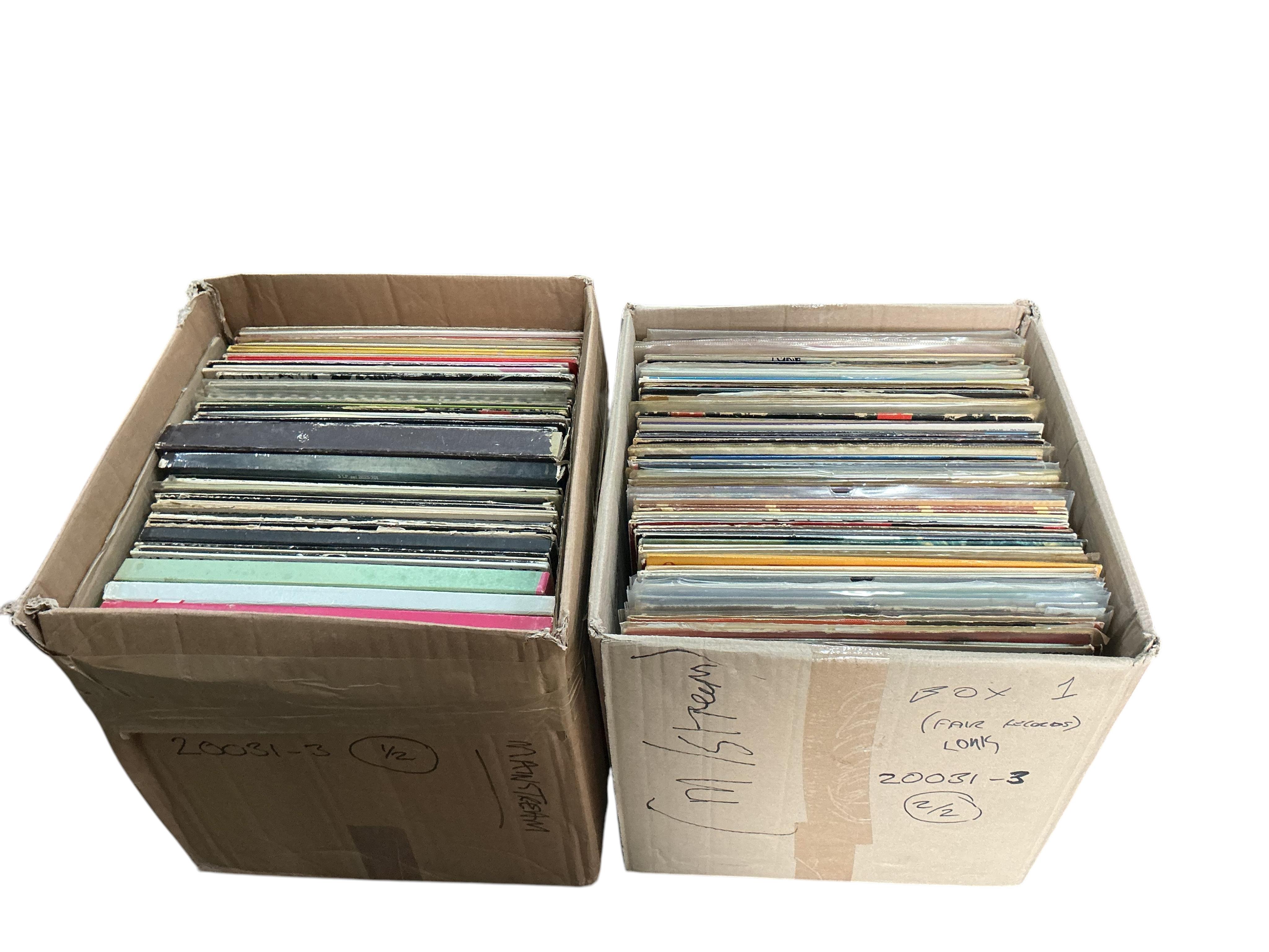 Two boxes of jazz LP record albums, artists including; Oscar Peterson, George Shearing, Louis Bellson, The Modern Jazz Quartet, Louis Armstrong, Ray Charles, Dizzy Gillespie, Earl Hines, etc.